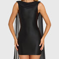 Black bodycon mini dress with draped chiffon ties
