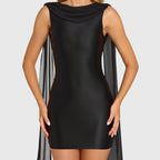 Black bodycon mini dress with draped chiffon ties
