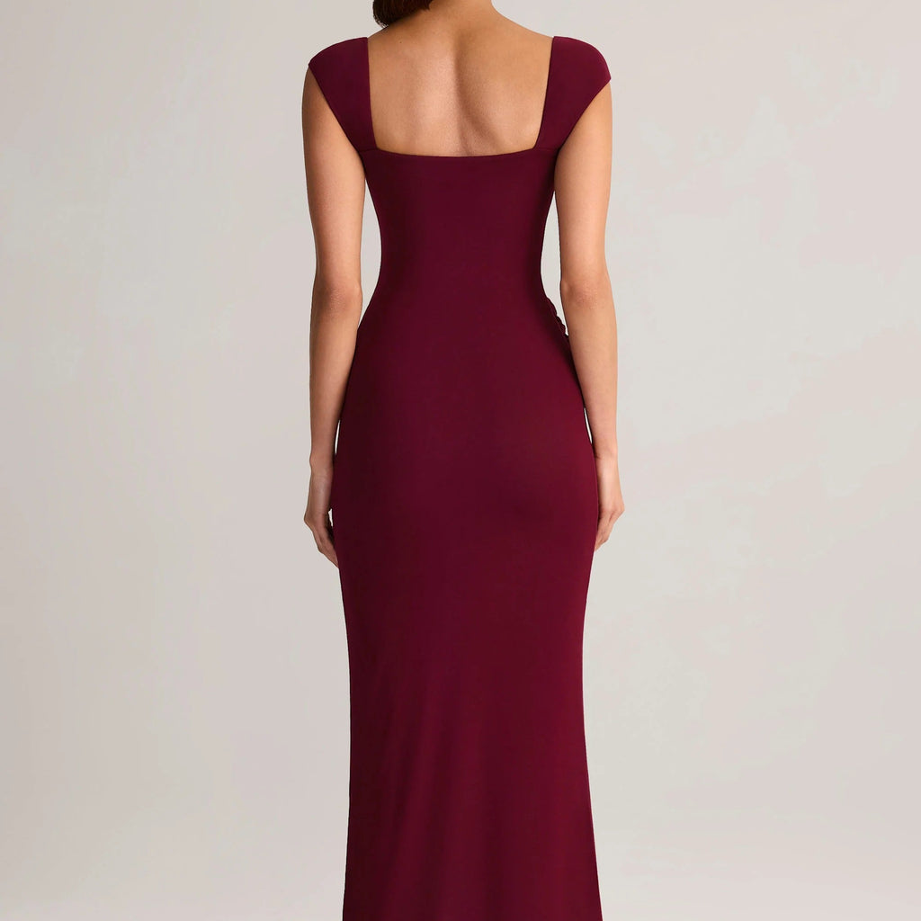 Burgundy off shoulder short sleeve maxi dress