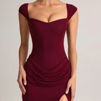 Burgundy off shoulder short sleeve maxi dress