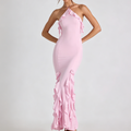 Light pink halter neck ruffled mermaid maxi dress