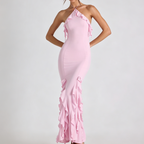 Light pink halter neck ruffled mermaid maxi dress