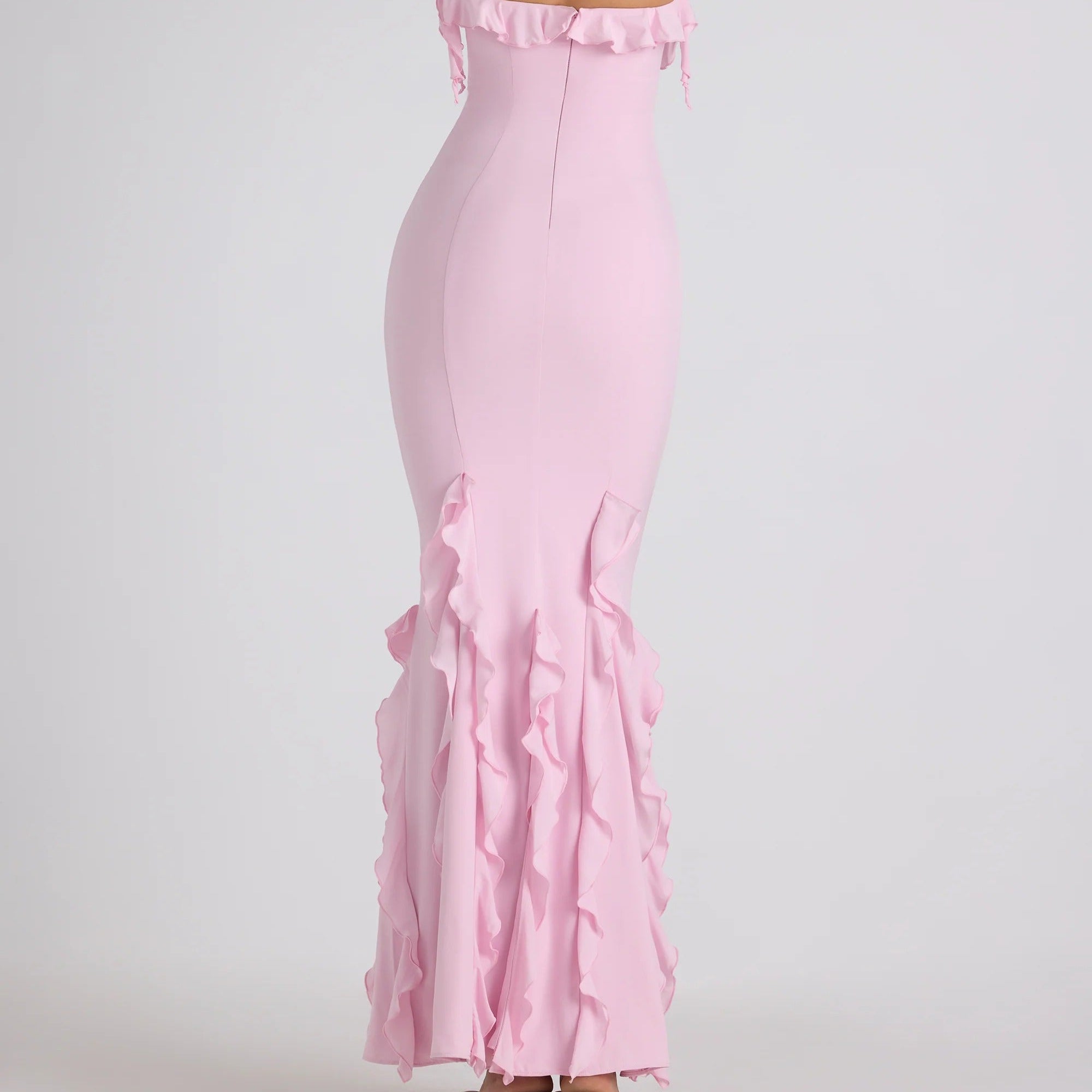 Light pink halter neck ruffled mermaid maxi dress