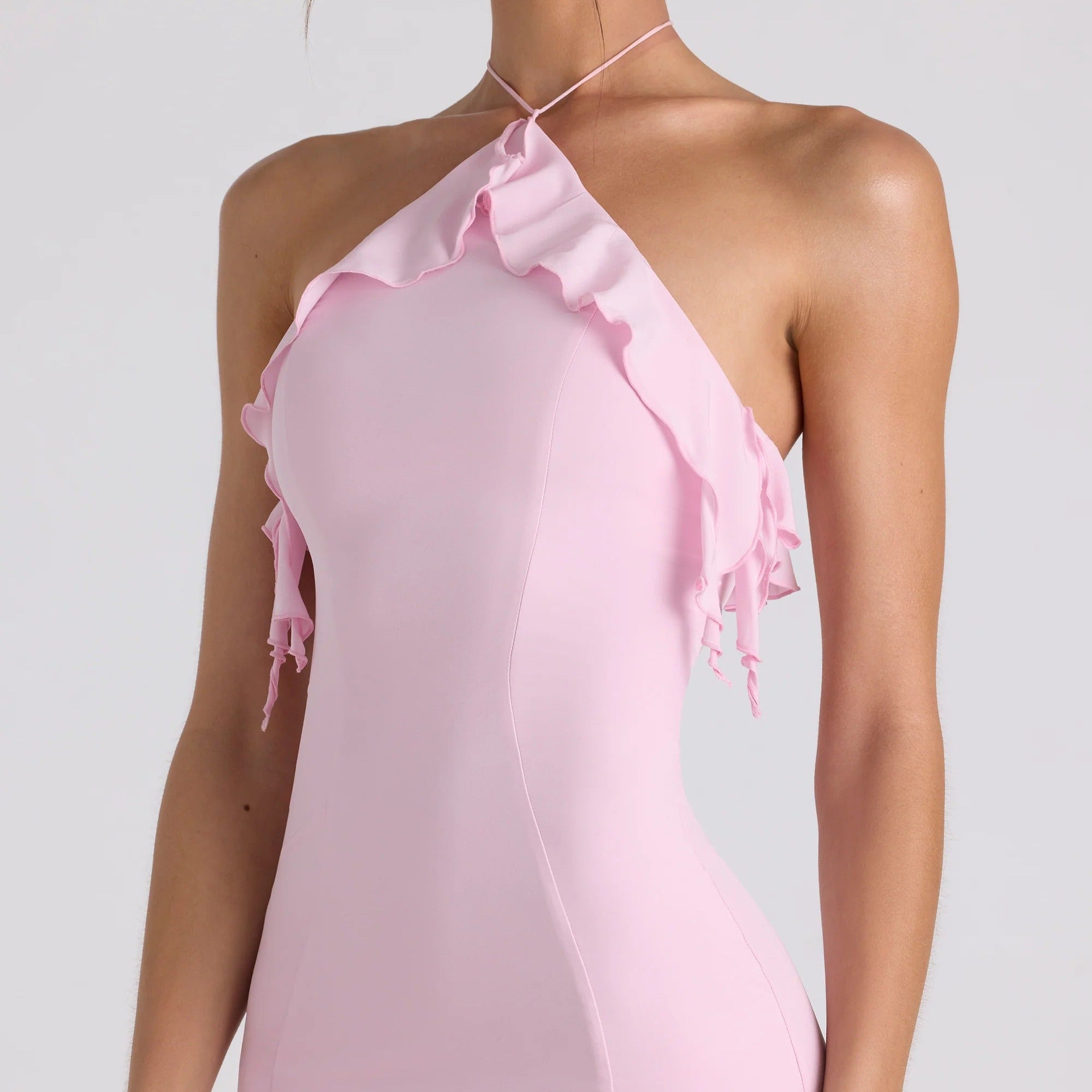 Light pink halter neck ruffled mermaid maxi dress