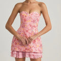 Pink floral jacquard strapless mini dress