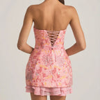 Pink floral jacquard strapless mini dress