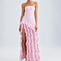 Pink strapless ruffled maxi dress with high slit