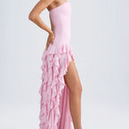 Pink strapless ruffled maxi dress with high slit