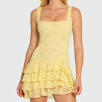 Yellow square neck bodycon mini dress with wide straps